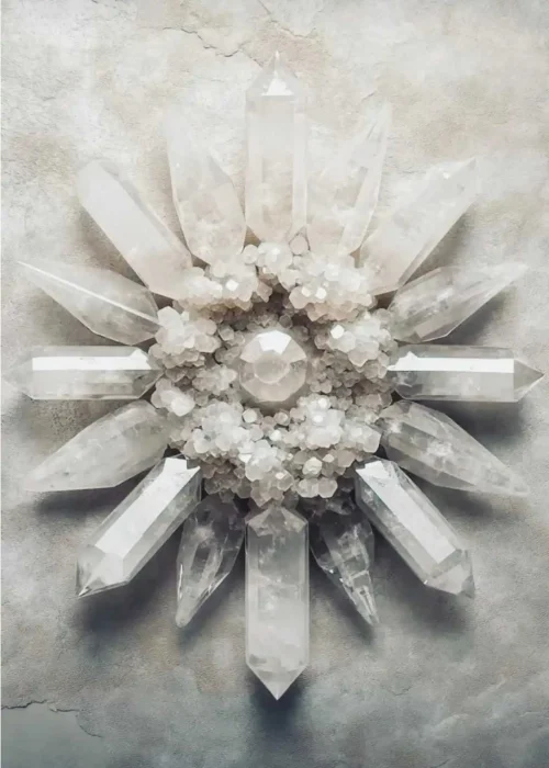 Essence & Ember crystals shaped like a sun on a marble background